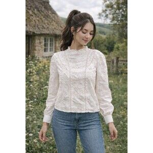 Lace Floral Applique High Neck Top white XL Ultra Pink Victorian Cottage Core
